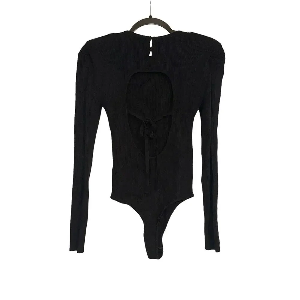 ASTR The Label Felice Long Sleeve Back Cut Out Sweater Black Bodysuit MEDIUM